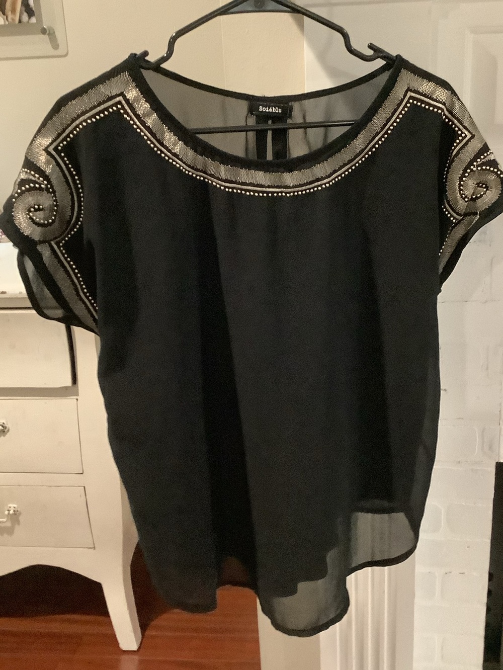Soieblu Black Chiffon Top with Silver Bead Embellishment